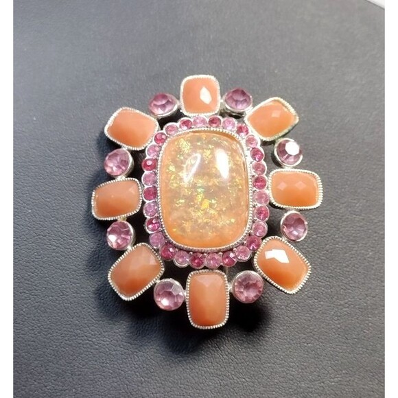 VTG Cabochon Brooch Pin Cut Glass Salmon Pink Rhinestones Statement Silver Tone - Picture 2 of 5